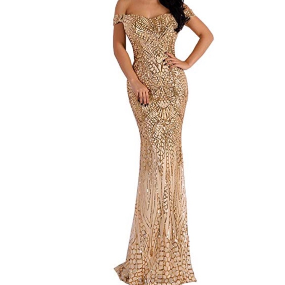 Stunning gold sequin off the shoulder dress